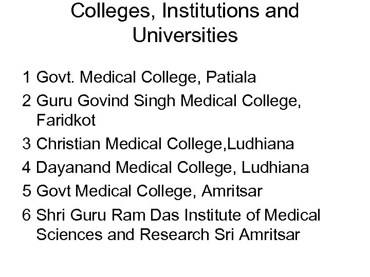Colleges, Institutions and Universities 1 Govt. Medical College, Patiala 2 Guru Govind Singh Medical
