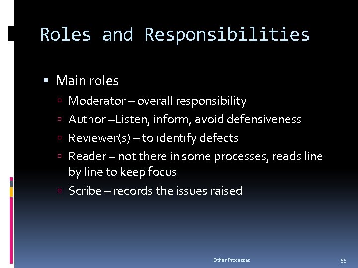 Roles and Responsibilities Main roles Moderator – overall responsibility Author –Listen, inform, avoid defensiveness