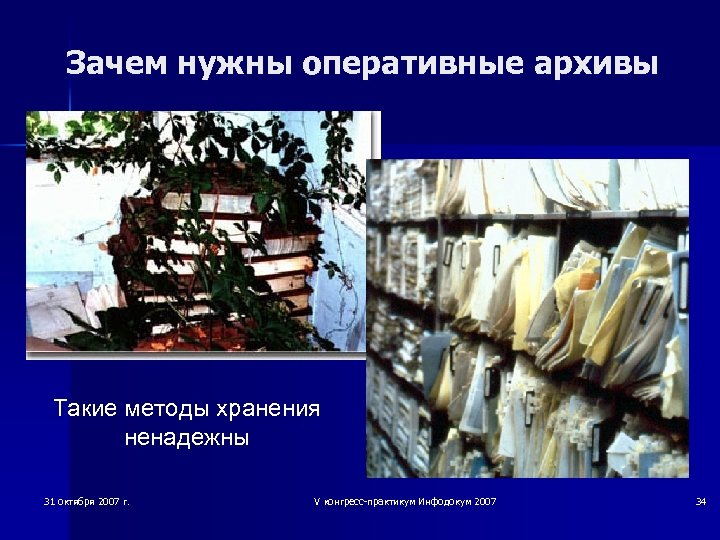 Зачем нужны оперативные архивы Такие методы хранения ненадежны 31 октября 2007 г. V конгресс-практикум