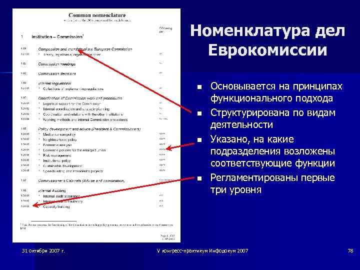 Номенклатура дел Еврокомиссии n n 31 октября 2007 г. Основывается на принципах функционального подхода