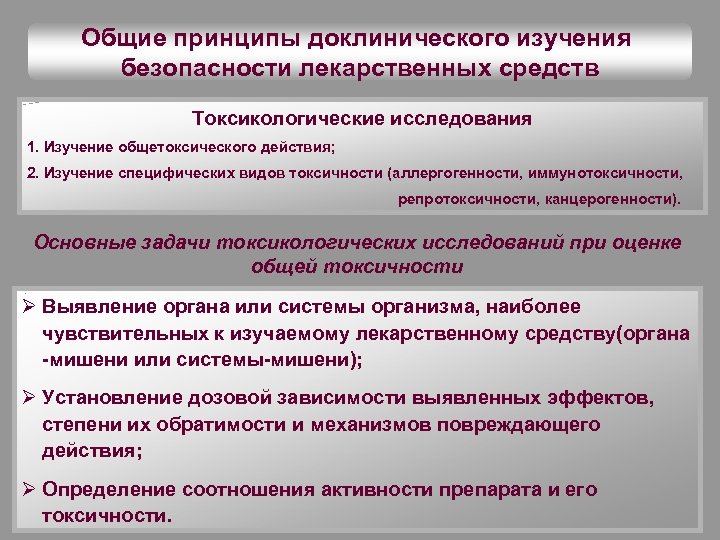 Общие принципы доклинического изучения безопасности лекарственных средств Токсикологические исследования 1. Изучение общетоксического действия; 2.