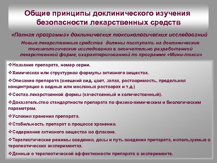 Общие принципы доклинического изучения безопасности лекарственных средств «Полная программа» доклинических токсикологических исследований Новые лекарственные