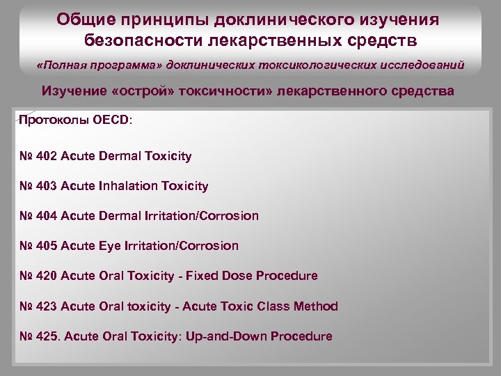 Общие принципы доклинического изучения безопасности лекарственных средств «Полная программа» доклинических токсикологических исследований Изучение «острой»