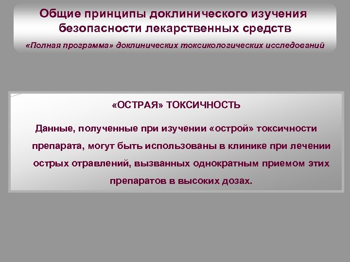 Общие принципы доклинического изучения безопасности лекарственных средств «Полная программа» доклинических токсикологических исследований «ОСТРАЯ» ТОКСИЧНОСТЬ