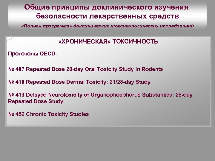 Общие принципы доклинического изучения безопасности лекарственных средств «Полная программа» доклинических токсикологических исследований «ХРОНИЧЕСКАЯ» ТОКСИЧНОСТЬ