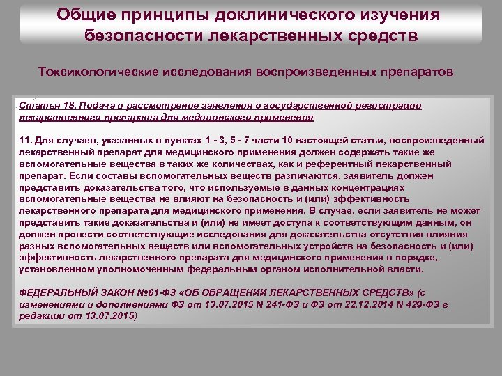 Общие принципы доклинического изучения безопасности лекарственных средств Токсикологические исследования воспроизведенных препаратов Статья 18. Подача