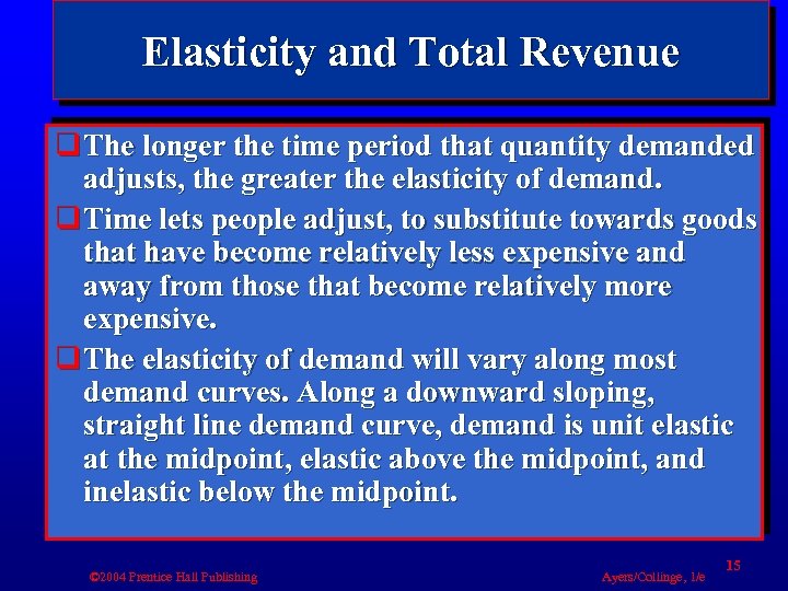 Elasticity and Total Revenue q The longer the time period that quantity demanded adjusts,