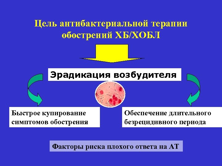 Цель антибактериальной терапии обострений ХБ/ХОБЛ Эрадикация возбудителя Быстрое купирование симптомов обострения Обеспечение длительного безрецидивного