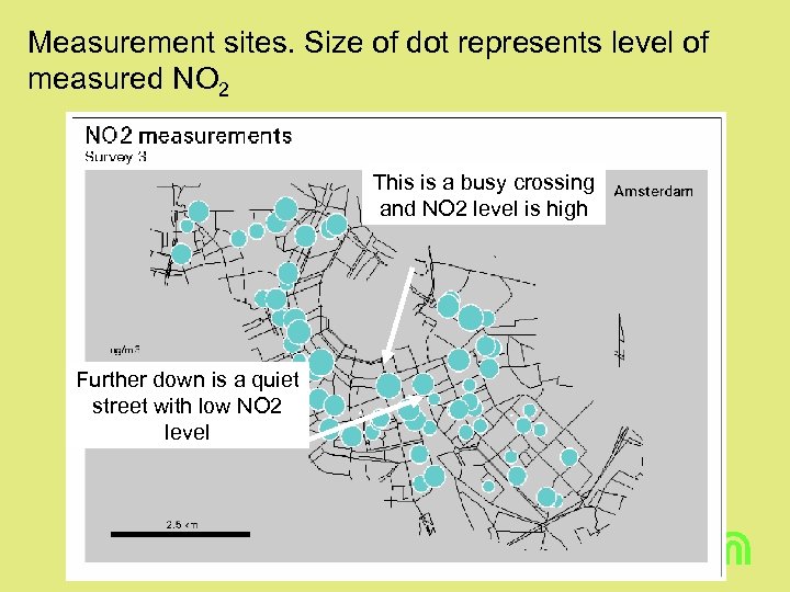 Measurement sites. Size of dot represents level of measured NO 2 This is a