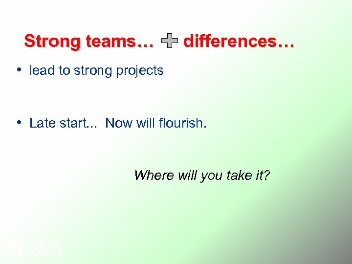Strong teams… differences… • lead to strong projects • Late start. . . Now