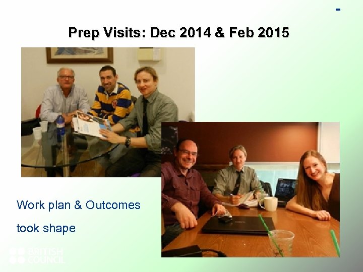 Prep Visits: Dec 2014 & Feb 2015 Work plan & Outcomes took shape 