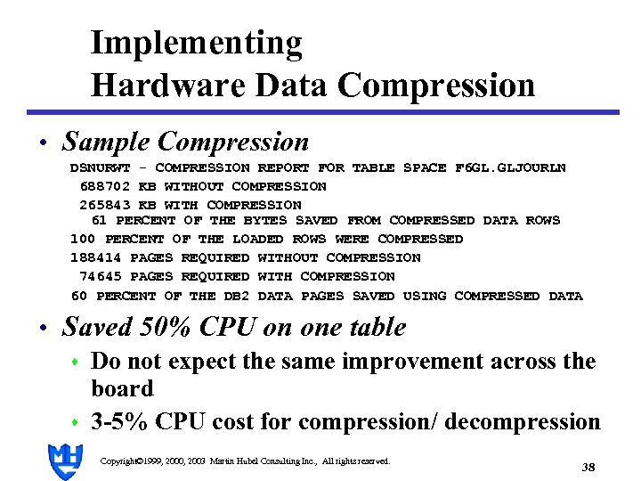 Implementing Hardware Data Compression • Sample Compression DSNURWT - COMPRESSION REPORT FOR TABLE SPACE