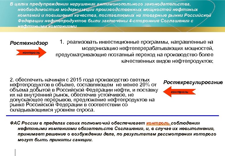 В целях предупреждения нарушения антимонопольного законодательства, необходимостью модернизации производственных мощностей нефтяных компаний и повышения