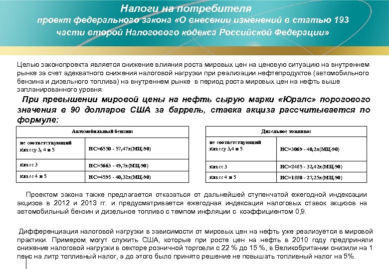 Налоги на потребителя проект федерального закона «О внесении изменений в статью 193 части второй