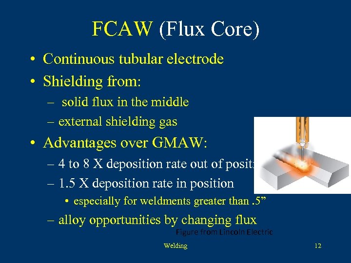 FCAW (Flux Core) • Continuous tubular electrode • Shielding from: – solid flux in