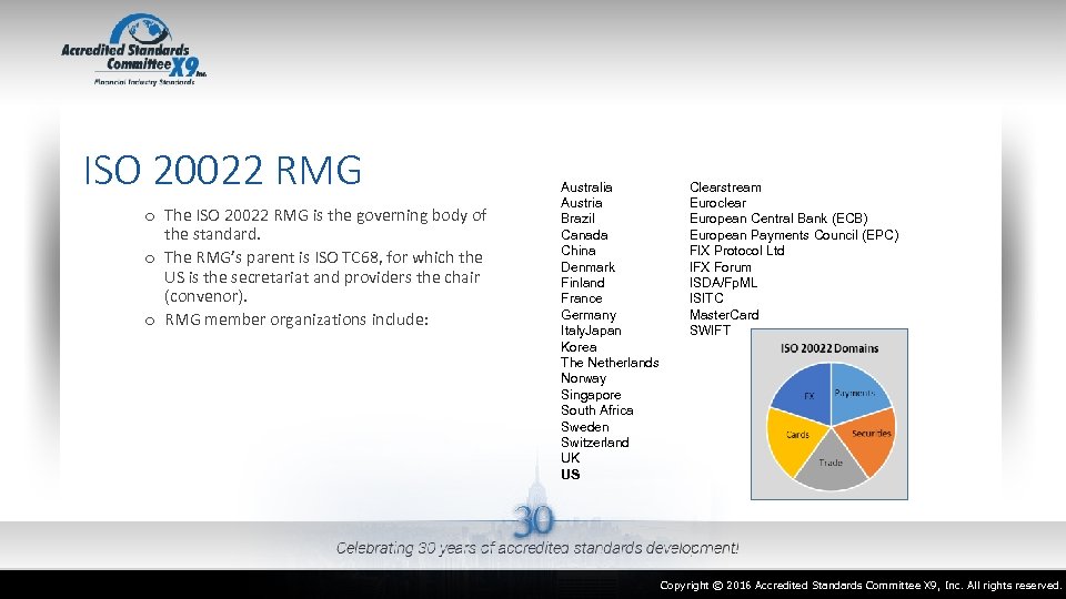 ISO 20022 RMG o The ISO 20022 RMG is the governing body of the