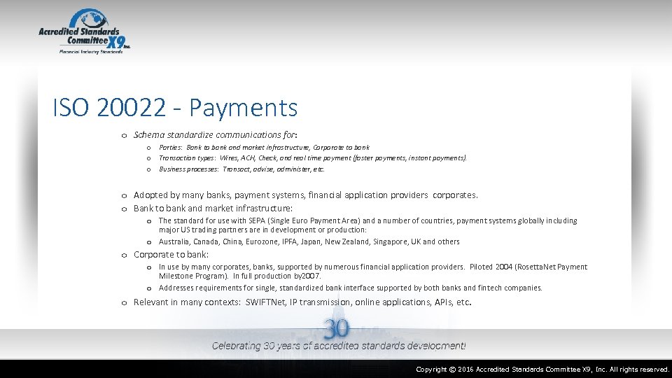 ISO 20022 - Payments o Schema standardize communications for: o Parties: Bank to bank