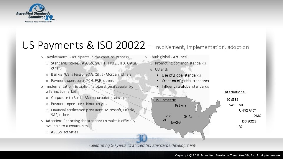 US Payments & ISO 20022 - Involvement, implementation, adoption o Involvement: Participants in the