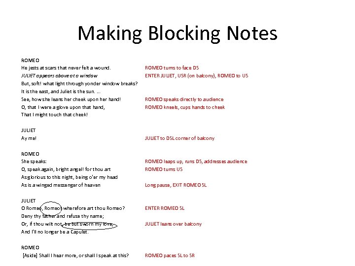 Making Blocking Notes ROMEO He jests at scars that never felt a wound. JULIET