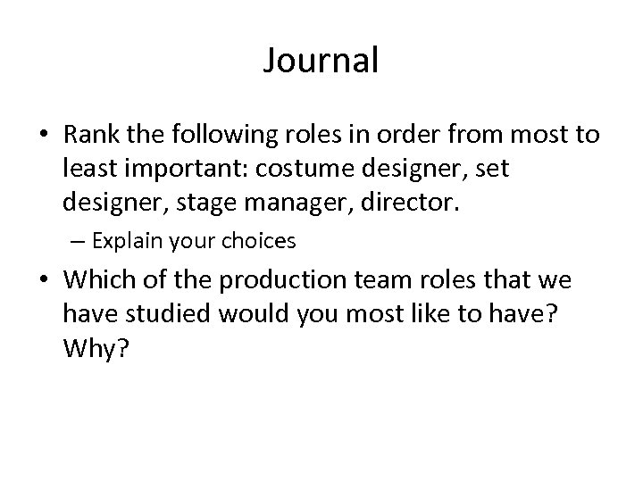 Journal • Rank the following roles in order from most to least important: costume