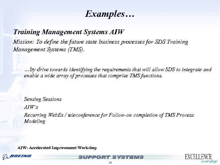 Examples… Training Management Systems AIW Mission: To define the future state business processes for