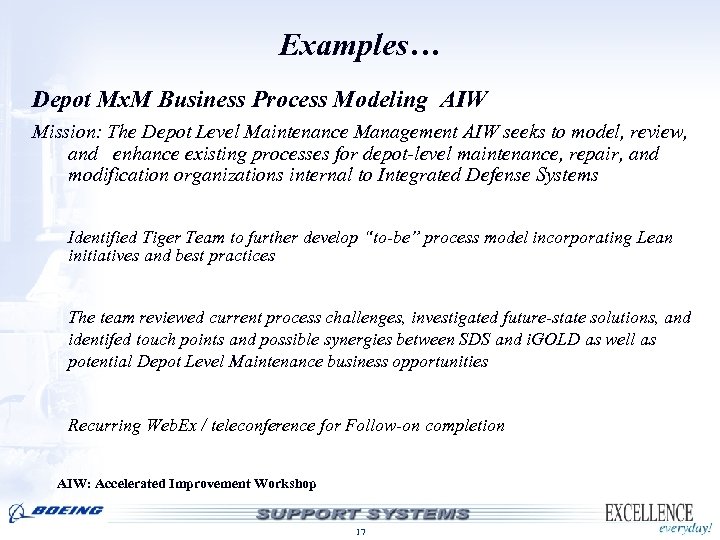 Examples… Depot Mx. M Business Process Modeling AIW Mission: The Depot Level Maintenance Management