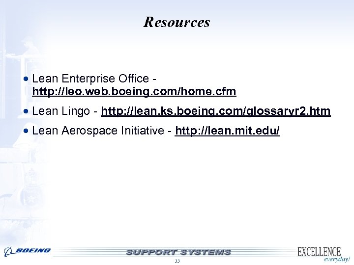 Resources · Lean Enterprise Office - http: //leo. web. boeing. com/home. cfm · Lean