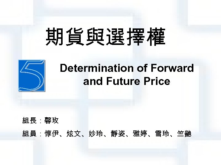 期貨與選擇權 Determination of Forward and Future Price 組長：馨玫 組員：惇伊、炫文、妙玲、靜姿、雅婷、雪玲、竺艷 