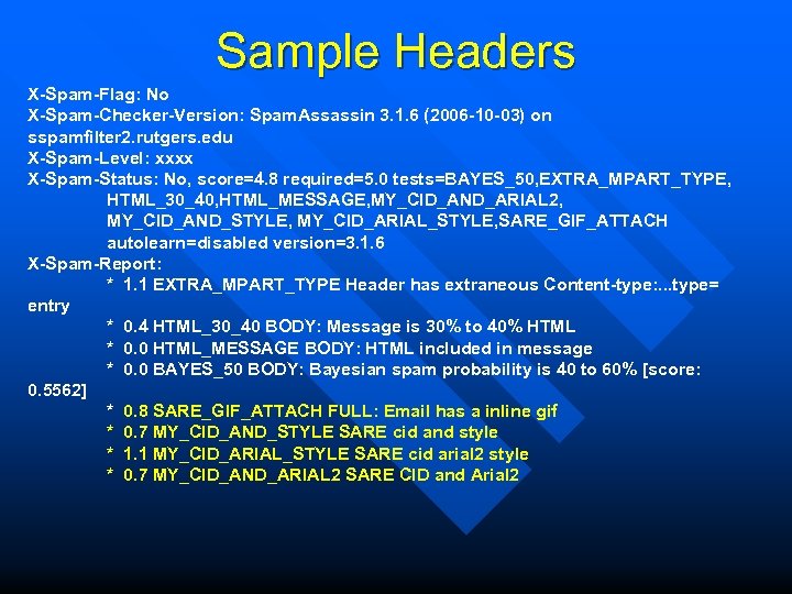 Sample Headers X-Spam-Flag: No X-Spam-Checker-Version: Spam. Assassin 3. 1. 6 (2006 -10 -03) on