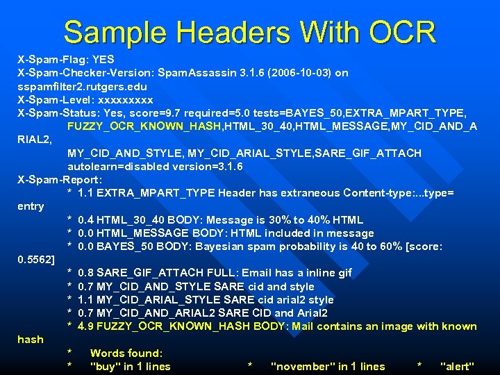 Sample Headers With OCR X-Spam-Flag: YES X-Spam-Checker-Version: Spam. Assassin 3. 1. 6 (2006 -10