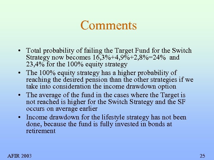 Comments • Total probability of failing the Target Fund for the Switch Strategy now