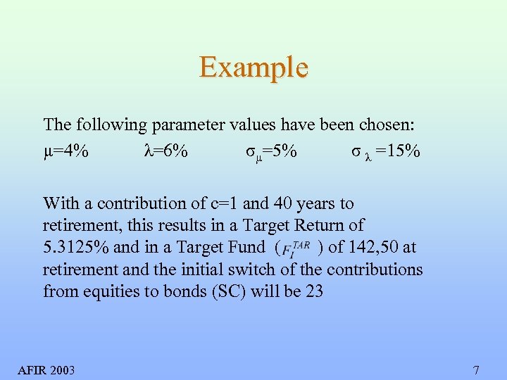 Example The following parameter values have been chosen: µ=4% λ=6% σµ=5% σ λ =15%