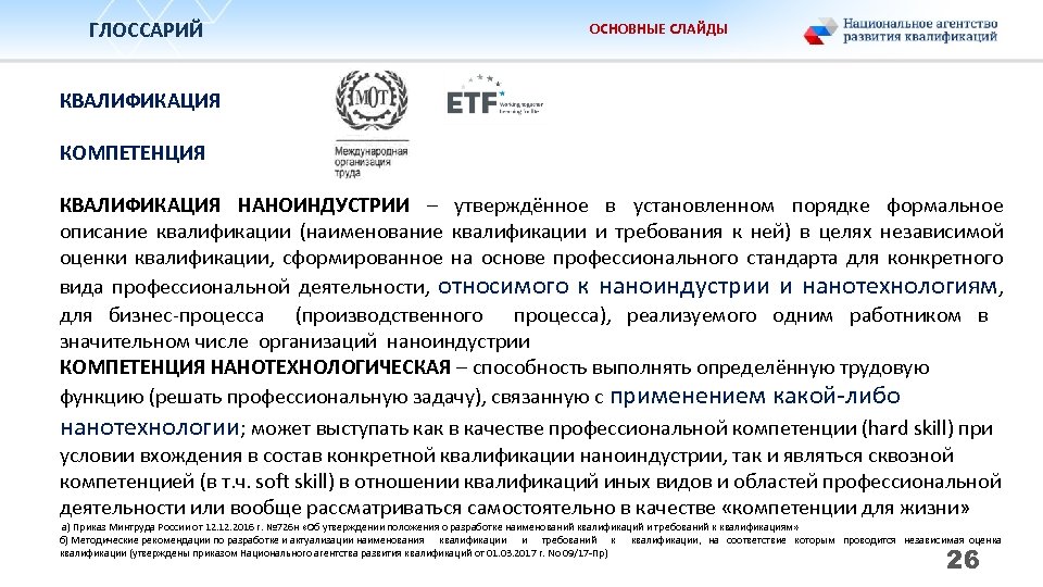 ГЛОССАРИЙ ОСНОВНЫЕ СЛАЙДЫ КВАЛИФИКАЦИЯ КОМПЕТЕНЦИЯ КВАЛИФИКАЦИЯ НАНОИНДУСТРИИ – утверждённое в установленном порядке формальное описание