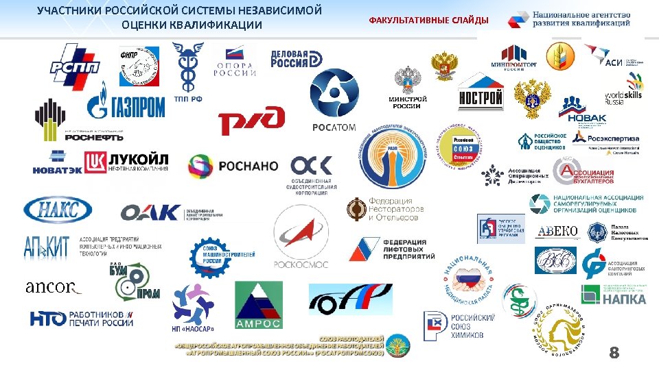 УЧАСТНИКИ РОССИЙСКОЙ СИСТЕМЫ НЕЗАВИСИМОЙ ОЦЕНКИ КВАЛИФИКАЦИИ ФАКУЛЬТАТИВНЫЕ СЛАЙДЫ 8 