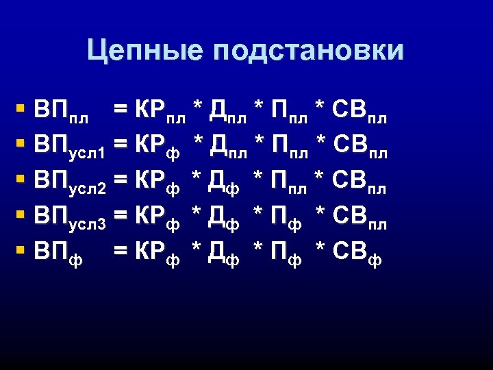 Цепные подстановки § ВПпл = КРпл * Дпл * Ппл * СВпл § ВПусл