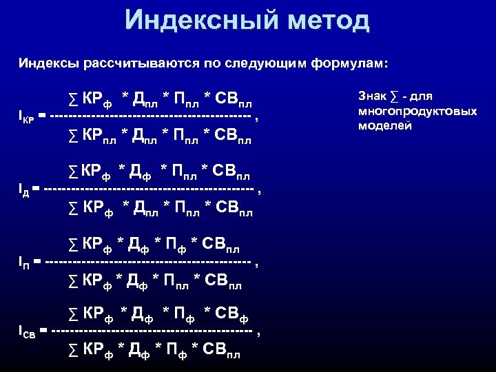 Индексный метод Индексы рассчитываются по следующим формулам: ∑ КРф * Дпл * Ппл *