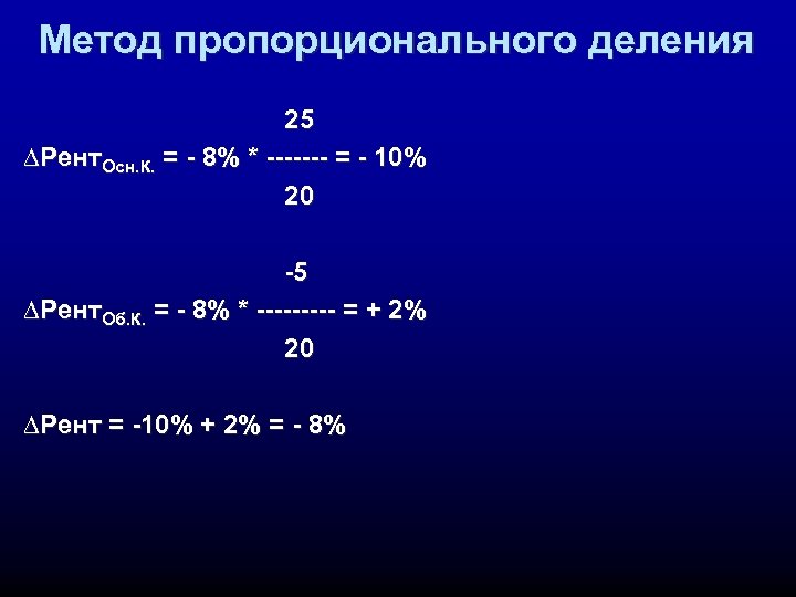 Метод пропорционального деления 25 ∆Рент. Осн. К. = - 8% * ------- = -