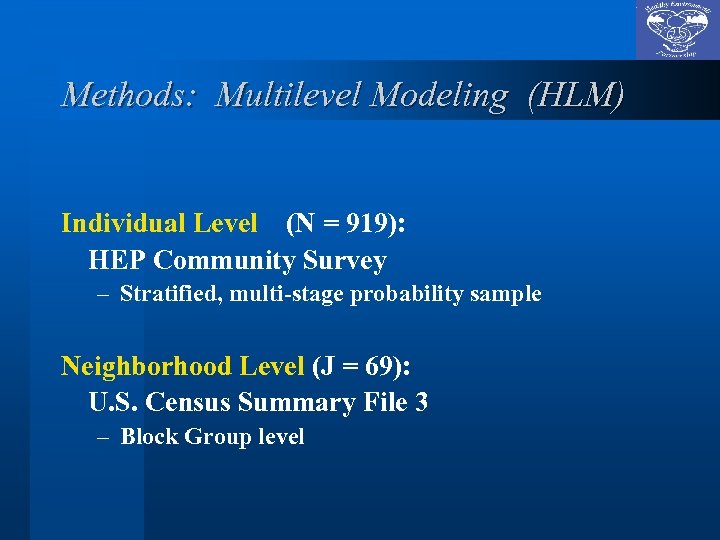 Methods: Multilevel Modeling (HLM) Individual Level (N = 919): HEP Community Survey – Stratified,