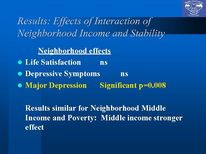 Results: Effects of Interaction of Neighborhood Income and Stability Neighborhood effects l Life Satisfaction