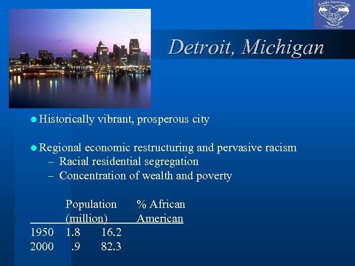 Detroit, Michigan l Historically vibrant, prosperous city l Regional economic restructuring and pervasive racism