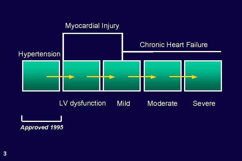 Myocardial Injury Chronic Heart Failure Hypertension LV dysfunction Approved 1995 3 Mild Moderate Severe