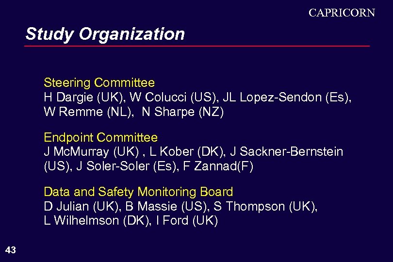 CAPRICORN Study Organization Steering Committee H Dargie (UK), W Colucci (US), JL Lopez-Sendon (Es),