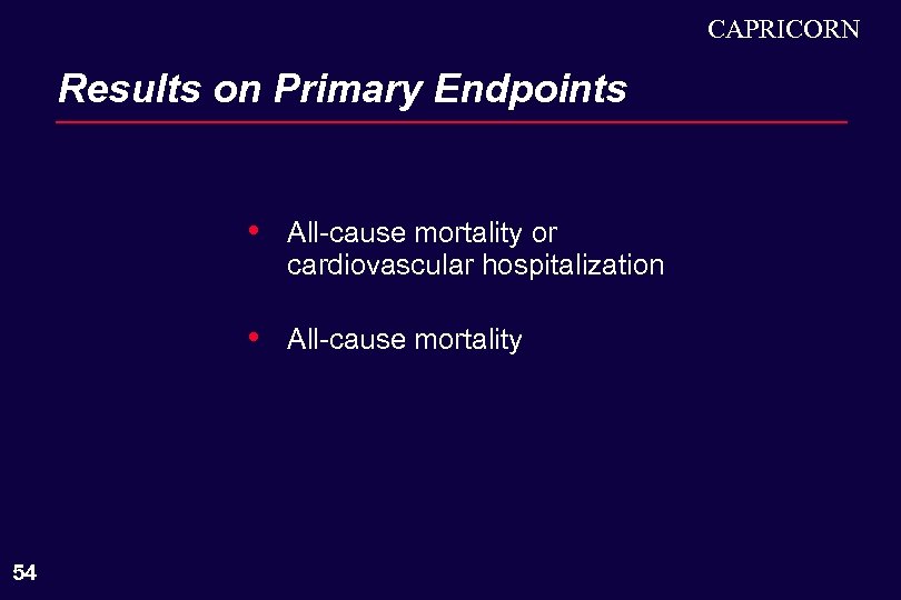 CAPRICORN Results on Primary Endpoints • • 54 All-cause mortality or cardiovascular hospitalization All-cause