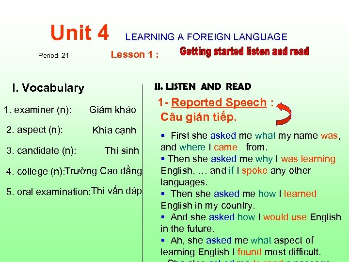 Unit 4 Period: 21 LEARNING A FOREIGN LANGUAGE Lesson 1 : II. LISTEN AND