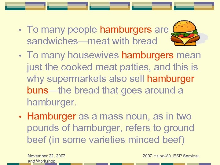 To many people hamburgers are sandwiches—meat with bread • To many housewives hamburgers mean