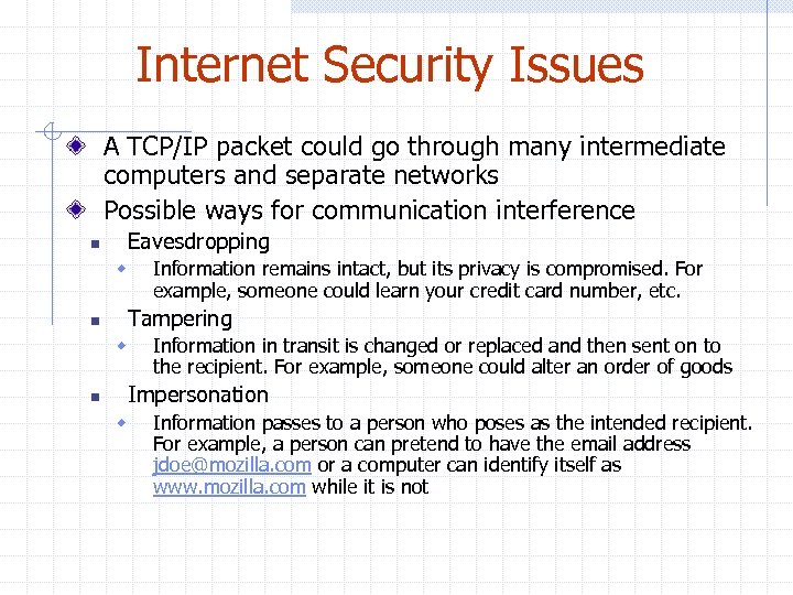 Internet Security Issues A TCP/IP packet could go through many intermediate computers and separate