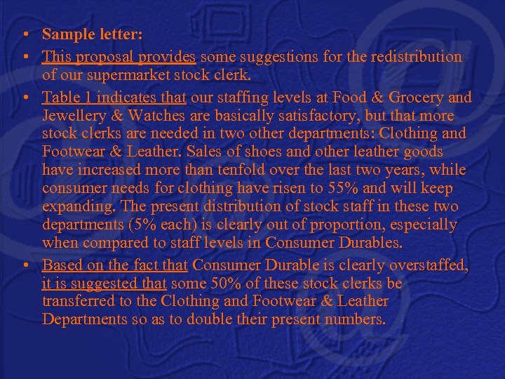  • Sample letter: • This proposal provides some suggestions for the redistribution of