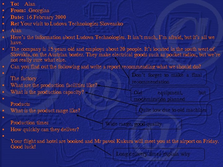  • • • • To: Alan From: Georgina Date: 16 February 2000 Re: