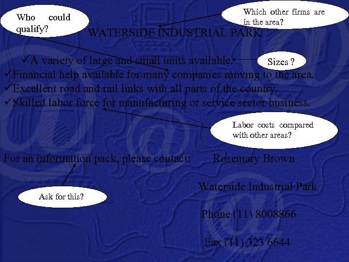 Who could qualify? Which other firms are in the area? WATERSIDE INDUSTRIAL PARK üA