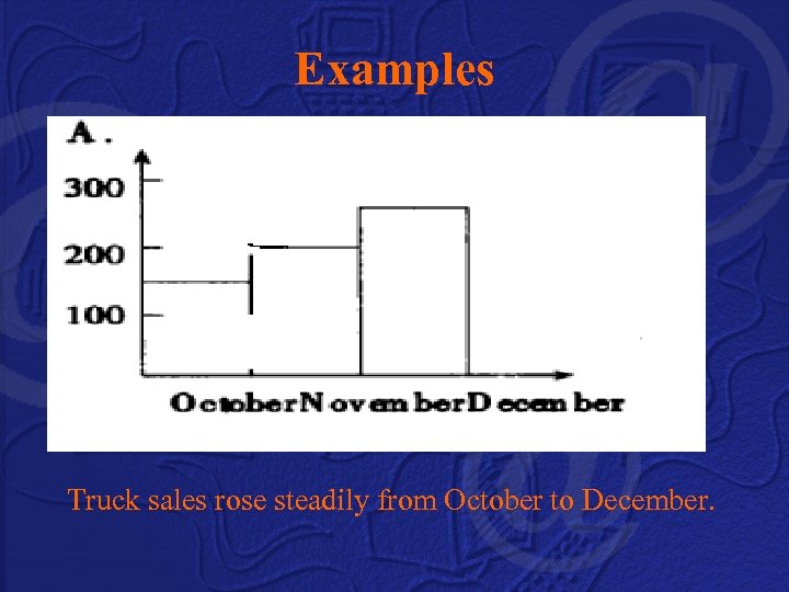 Examples Truck sales rose steadily from October to December. 